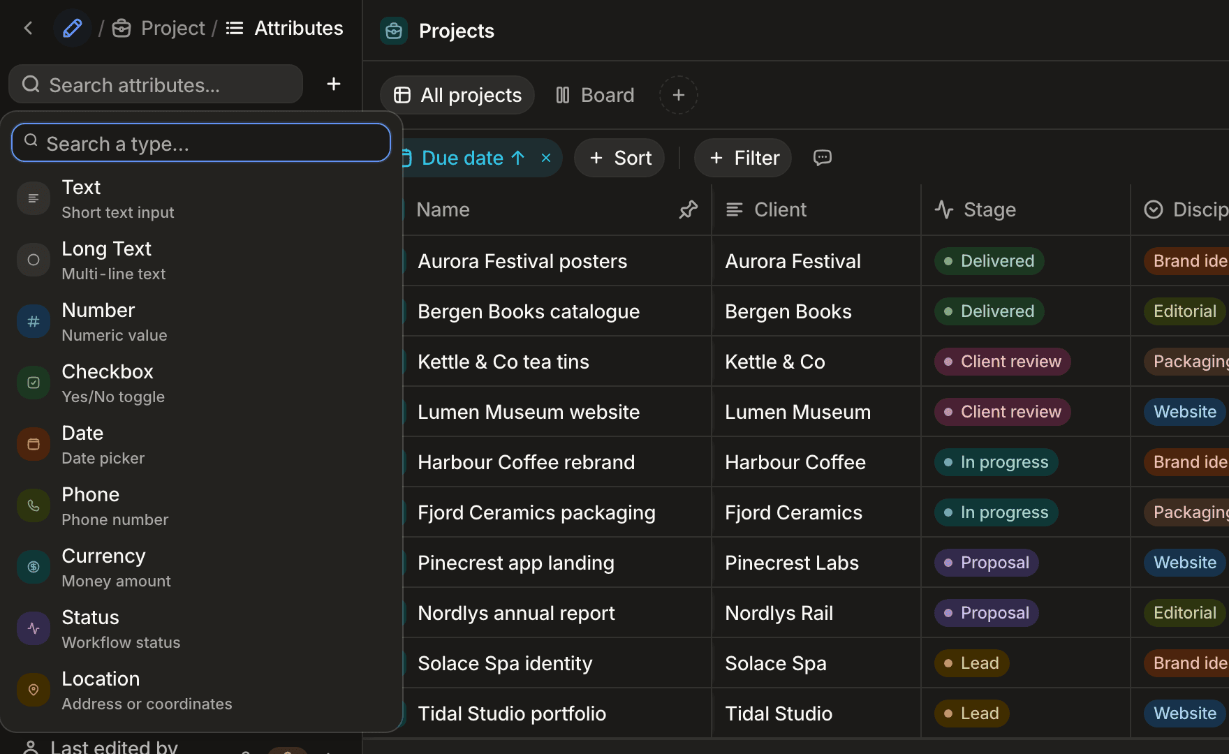 Adding an attribute in architect mode: the type menu open over an object's attribute list, offering Text, Long Text, Number, Checkbox, Date, Phone, Currency, Status and Location