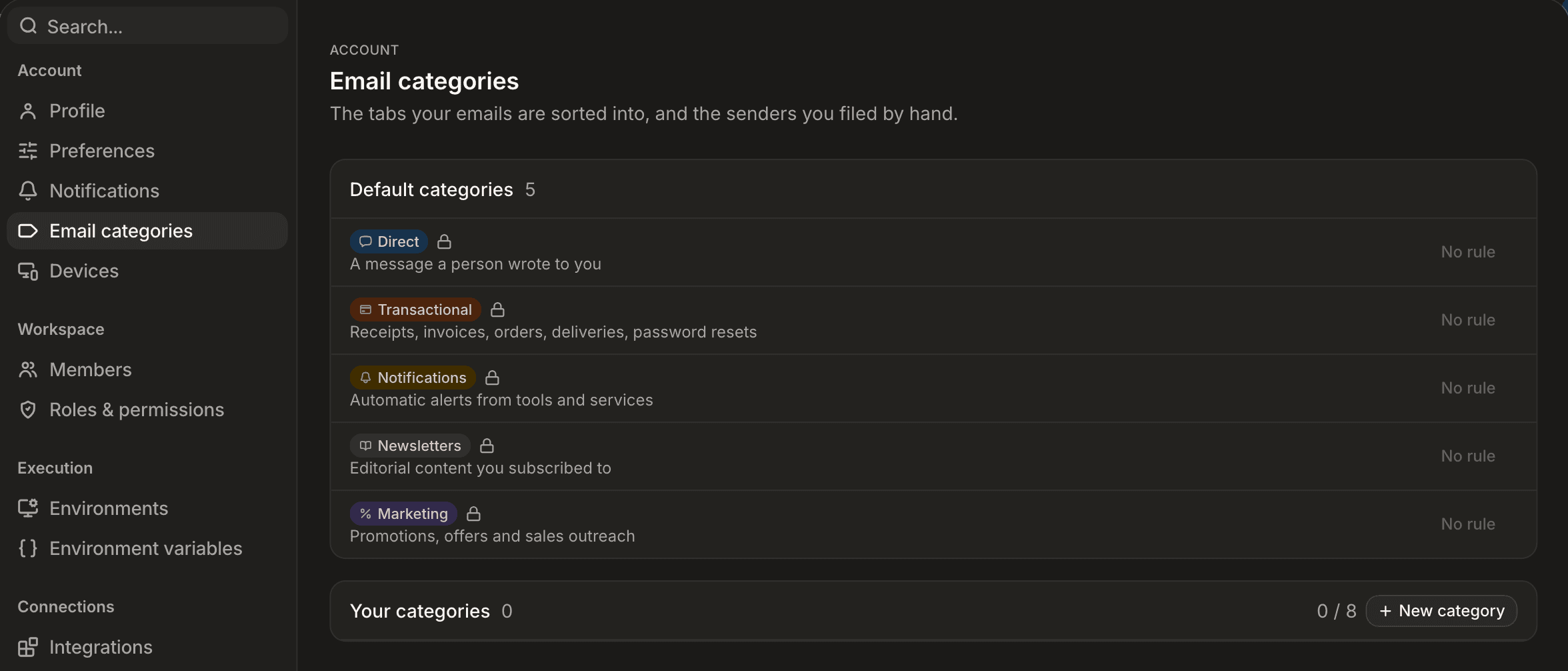 Settings, Email categories: the five default categories, each locked with its description, and Your categories with New category