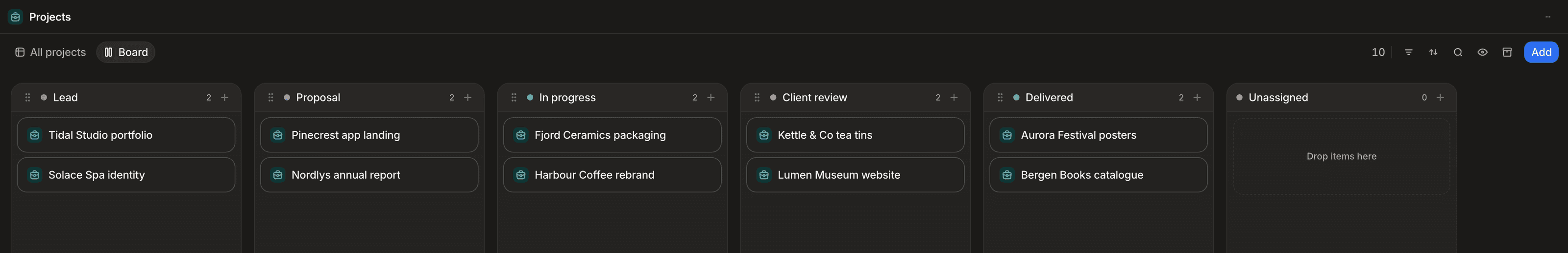 A list view in the app with two tabs, All projects and Board, the Board tab open on a kanban grouped by stage: Lead, Proposal, In progress, Client review, Delivered and Unassigned