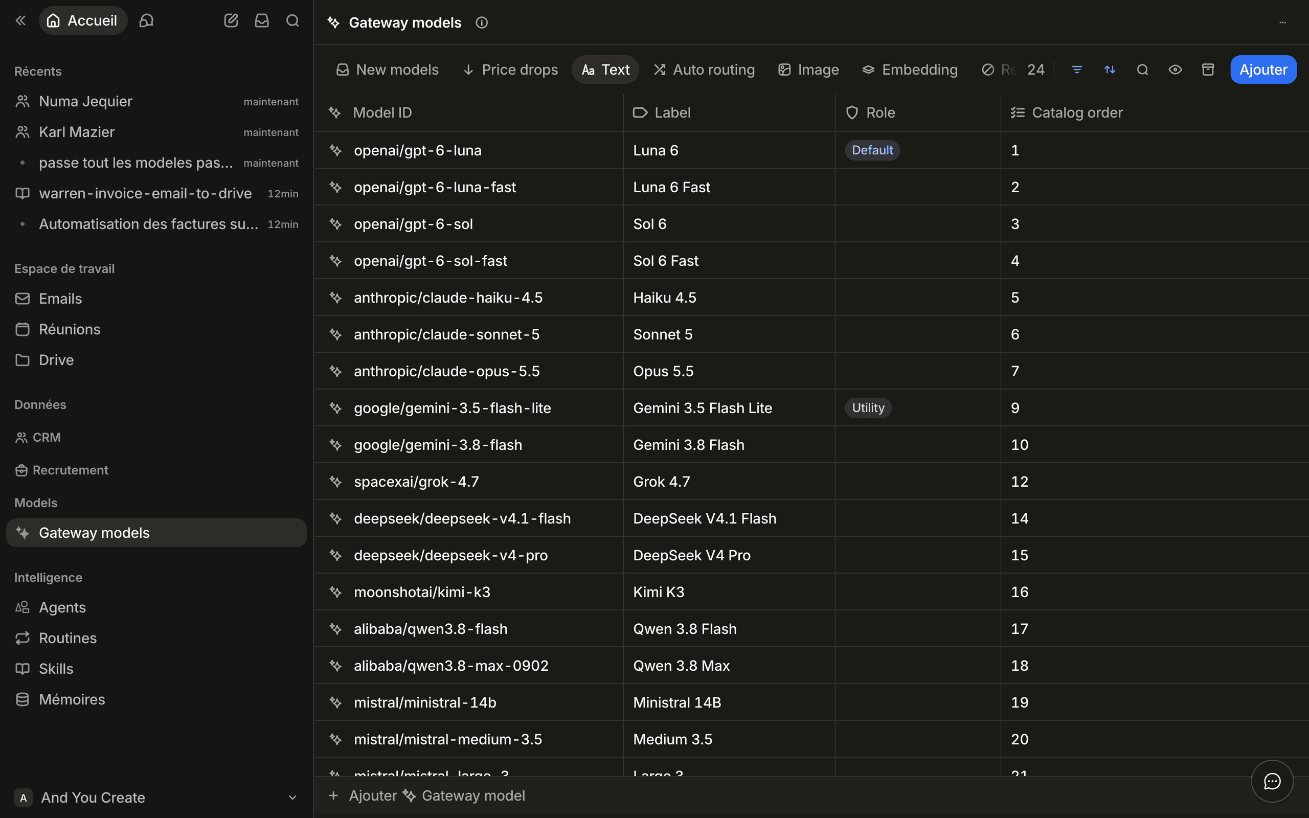 The Gateway models object in the workspace right after the sync: sidebar entry, grid and tabs