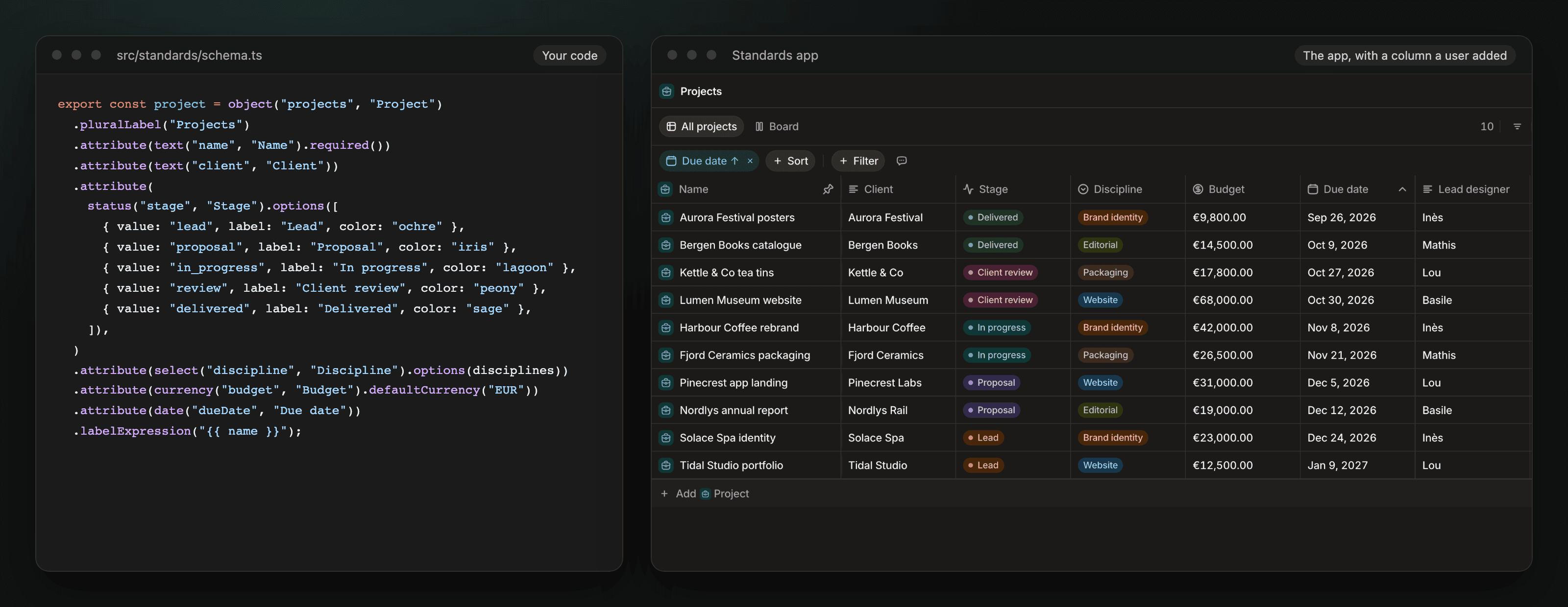 The same object twice: its TypeScript declaration on the left, and its table in the app on the right, with a Lead designer column a user added after the sync