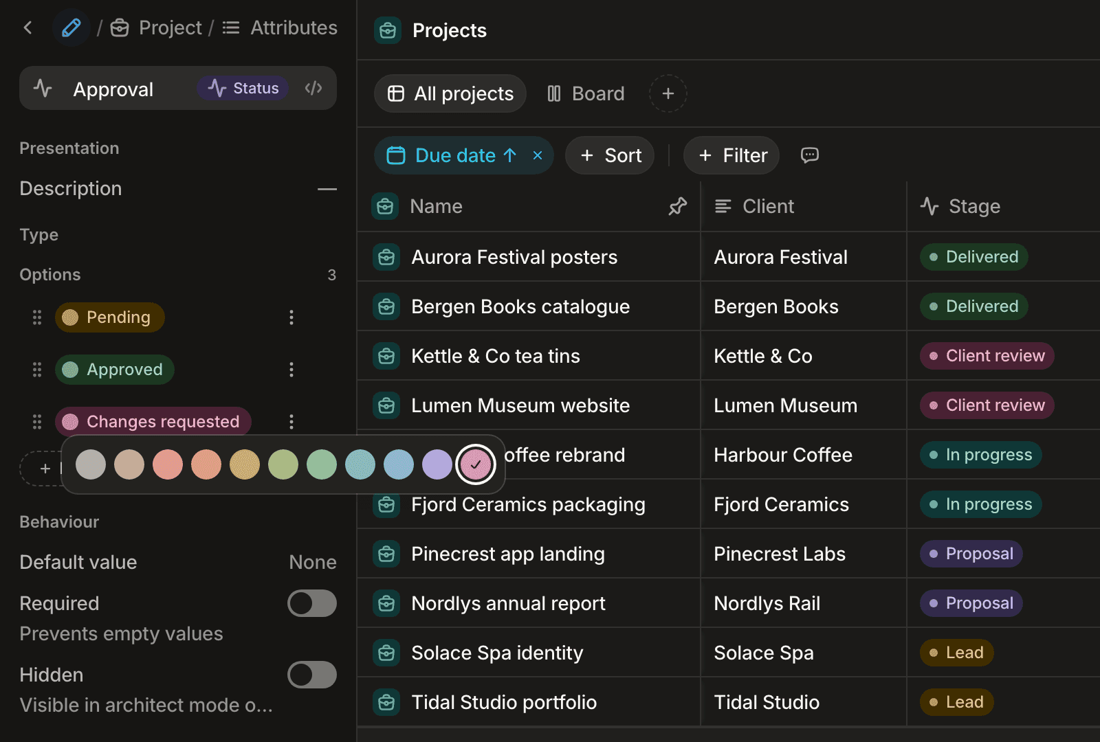 A status attribute being edited in the app: its Pending, Approved and Changes requested options, and the colour picker open on Changes requested with the eleven palette colours and Peony selected