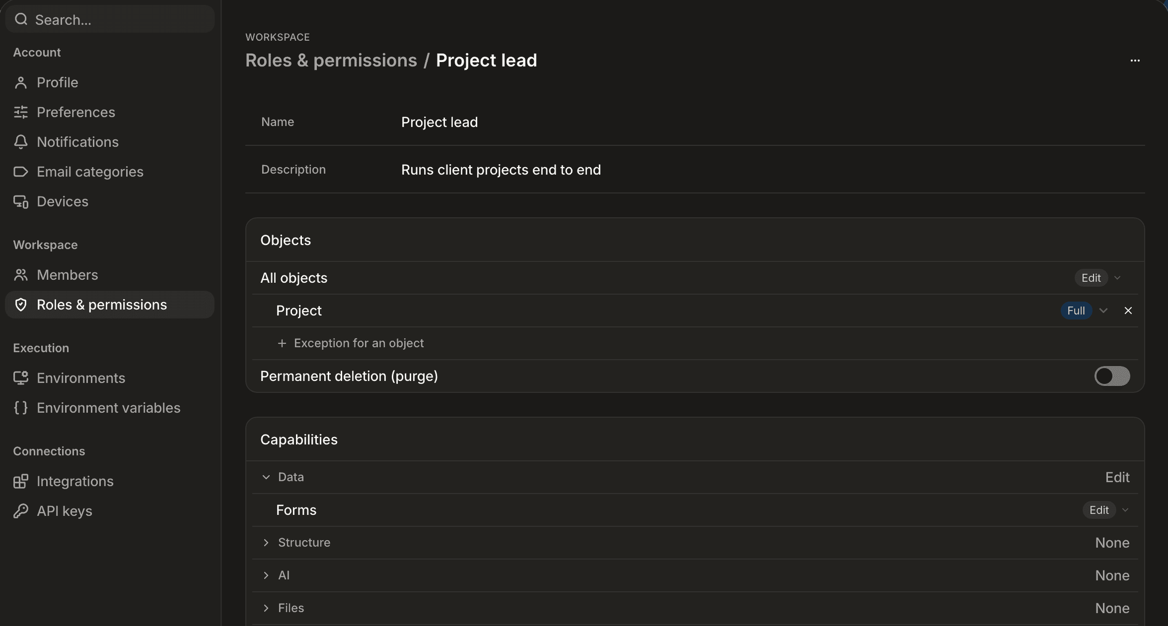 The role editor in Settings, Roles and permissions: a custom role with Edit on all objects, a Full exception on one object, the purge switch, and its capabilities by group