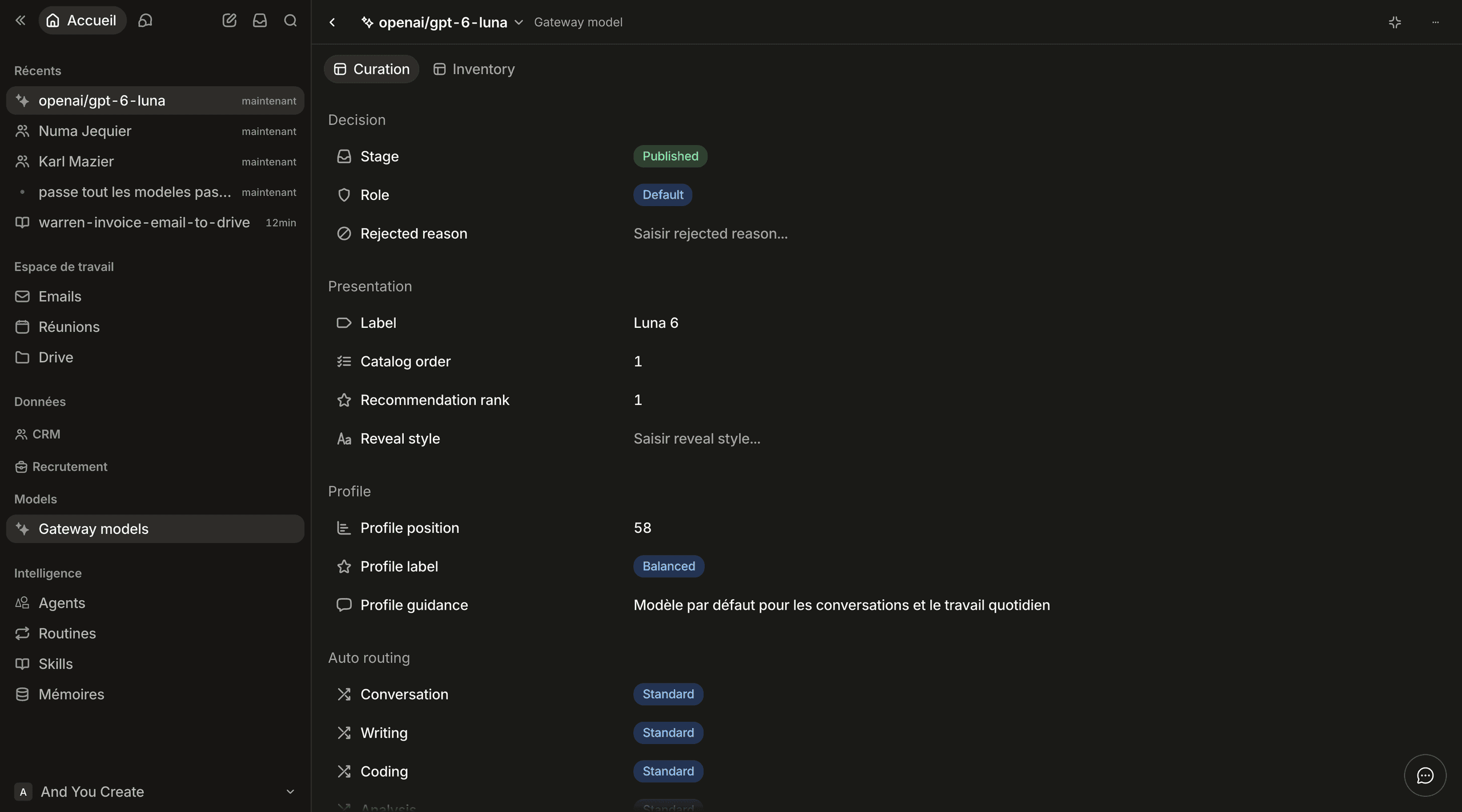 A Gateway model record: the Curation form, grouped by decision