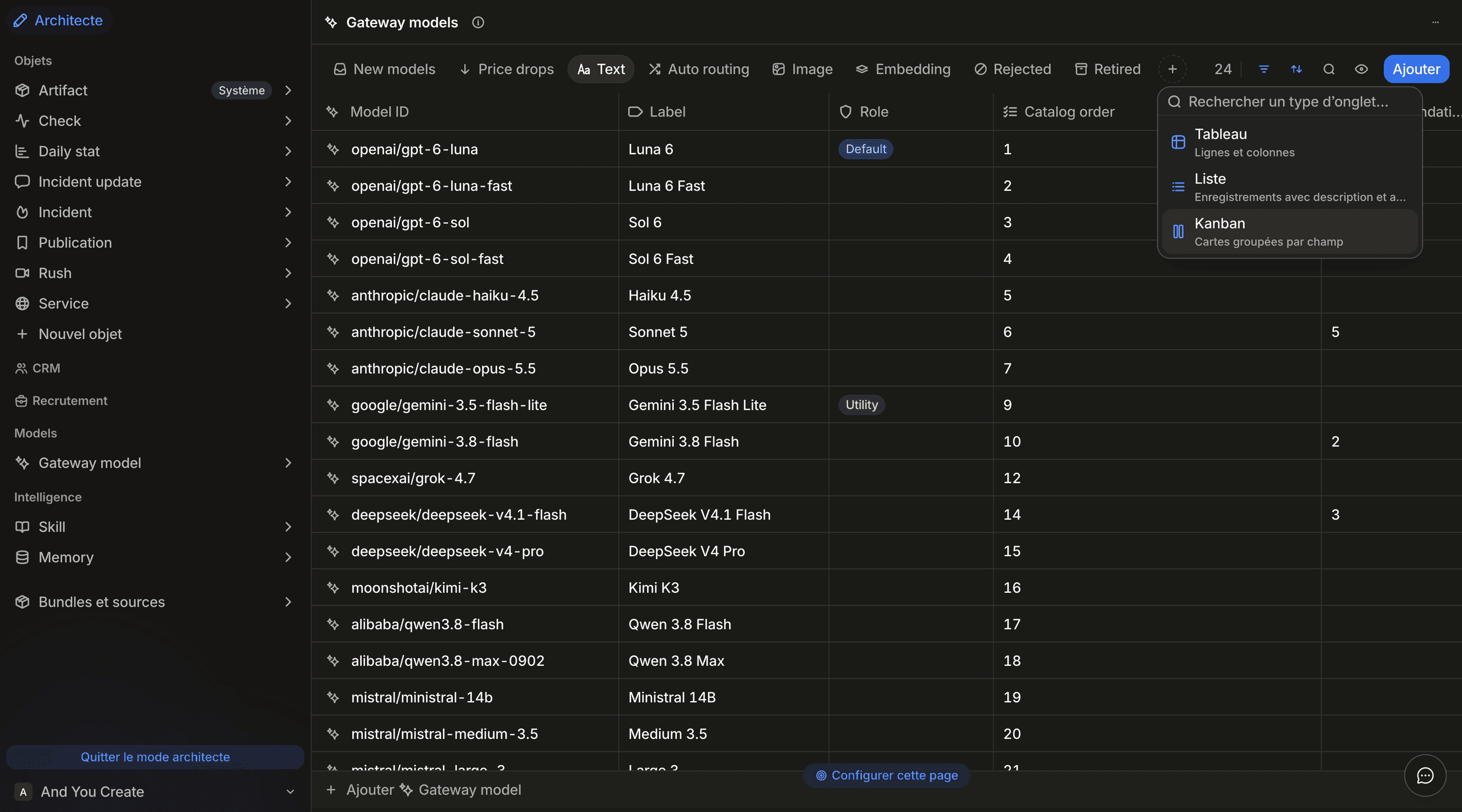 Architect mode on the Gateway models view: the add-tab menu offers Table, List and Kanban